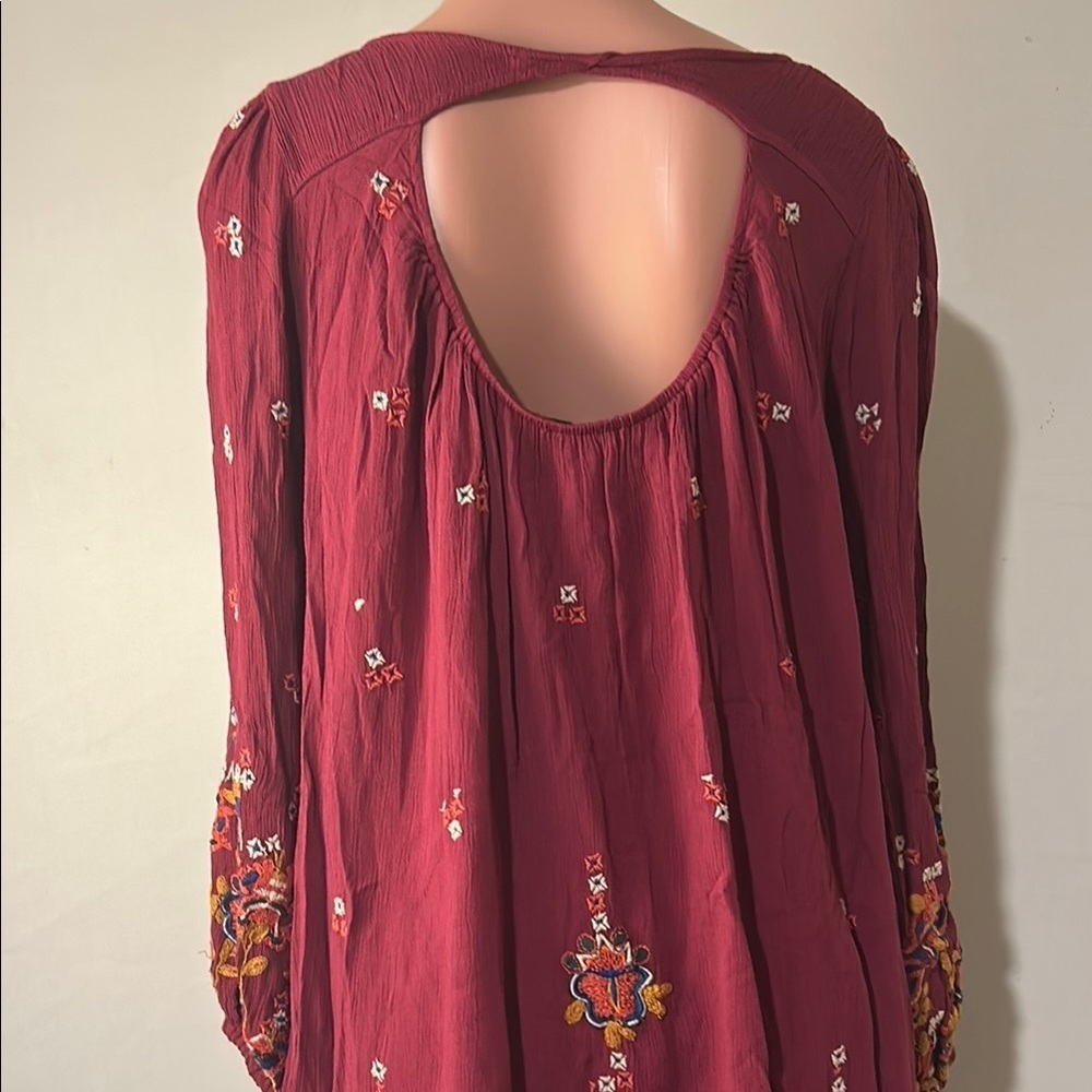 Free People Tunic Dress Boho Embroidered Lined Burgundy Oversized Pockets Sz M - Picture 10 of 15